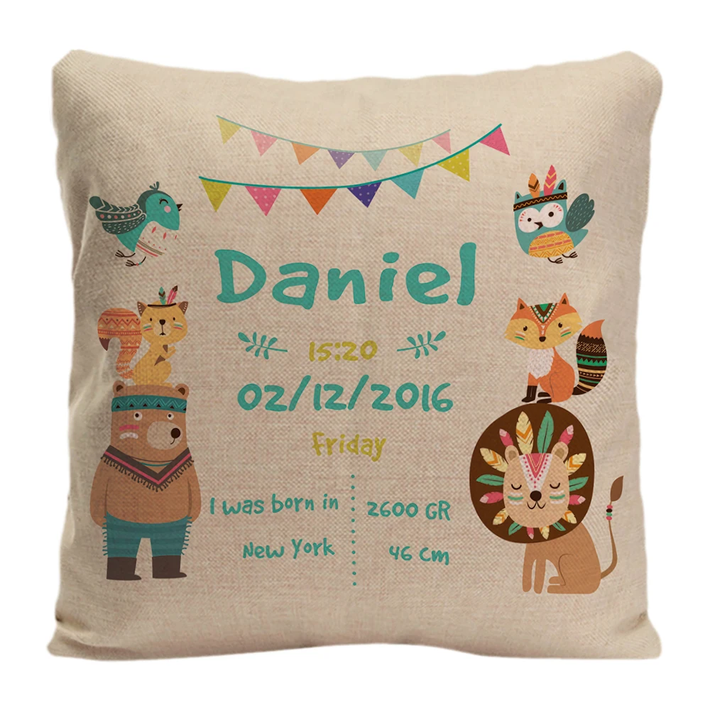 

Customized With Baby Birth Data Blue Cushion Cover Forest Animals Theme Pattern Pillowcase Cute Personalized Baby Gift By Lvsure