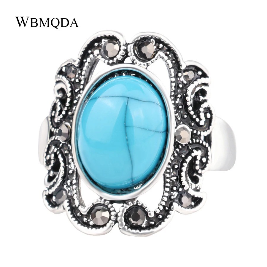 

Tibetan Jewelry Ethnic Big Blue Stone Ring Vintage Black Crystal Hollow Pattern Silver Rings For Women Free Shipping