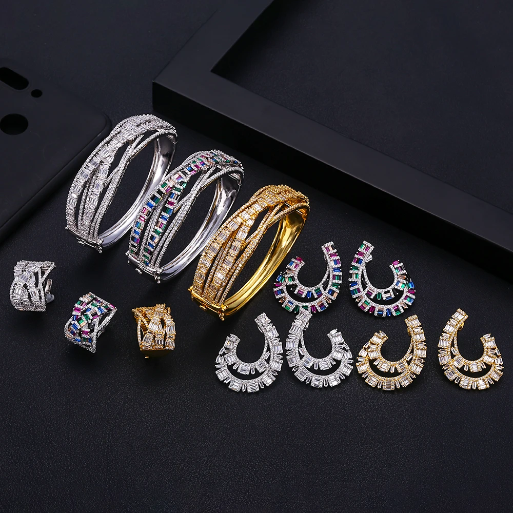

jankelly Luxury geometr Bangle Ring earring fashion Dubai Silver Bridal Jewelry Sets For Women Wedding brincos para as mulheres