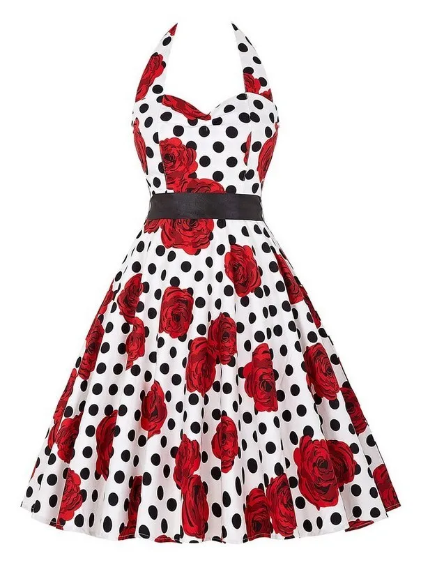 

Summer Dress Women Vintage Dress 50 S Retro Dress Hepburn Flower Pattern Holder Big Swing Rockabilly 60 S Backless Dress