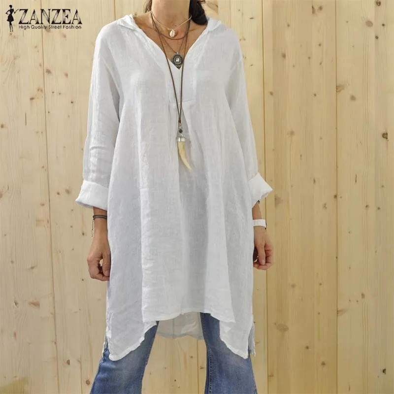  ZANZEA 2019 Casual Long Tops Women's Autumn Blouse Fashion V Neck Long Sleeve Shirts Female Short V