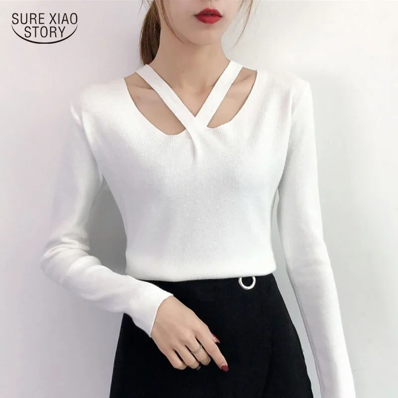 

Korean New Women Sweaters Autumn Winter Casual Solid Long Sleeve Female tops Slim White Yellow Black Grey Women Sweater 5046 50