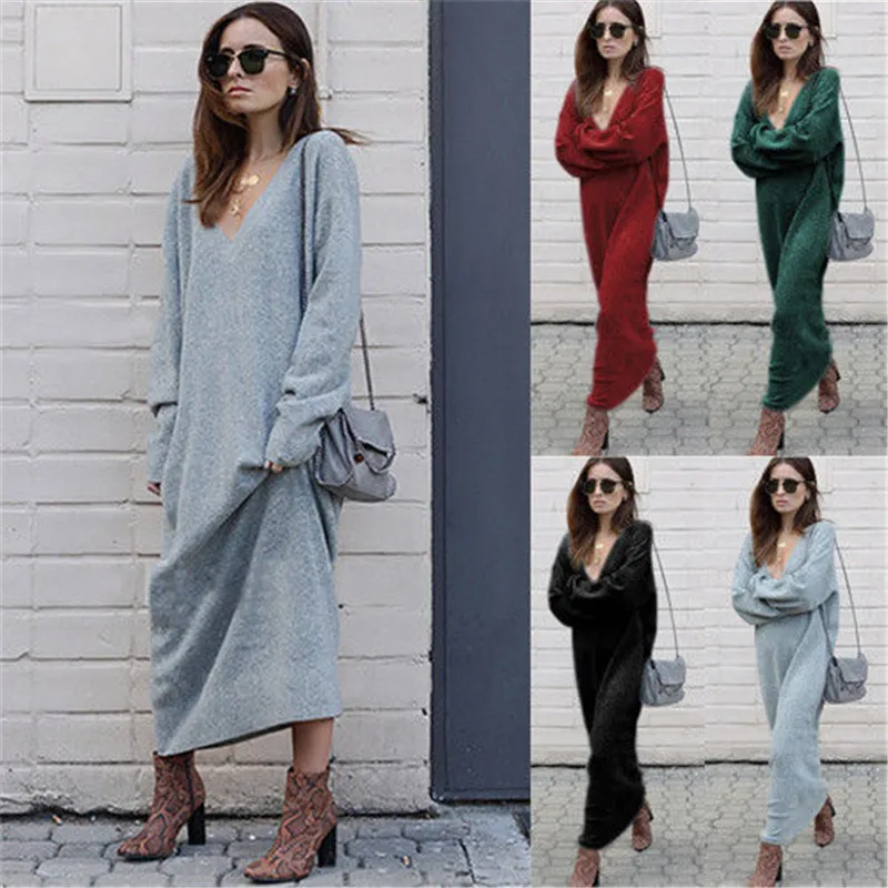 

2018 Women Autumn Loose Dress Casual Vintage Sexy Fashion Maxi Dress Long Sleeve Dress