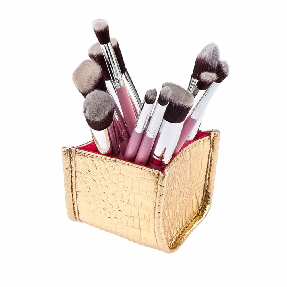 

10Pcs Makeup Brushes Set + Gold Brush Holder Bag Case Cosmetics Tool Kits Maquillage Make up Brushes Powder Foundation Brush