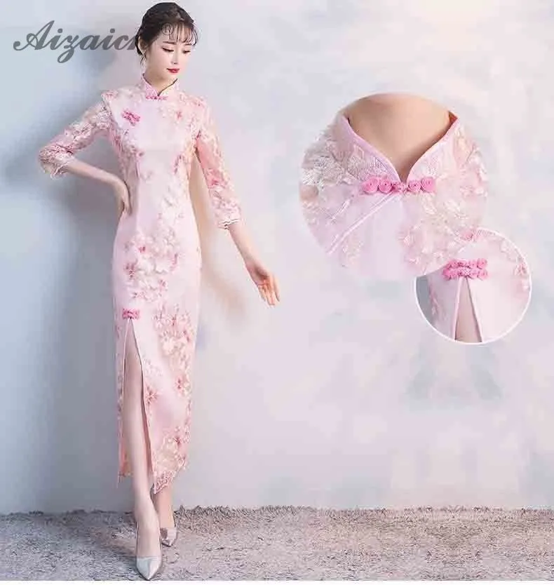 Cheongsam larga vestidos Chinoise fiesta Rosa Qi Pao mujeres chino tradicional vestido Qipao Восточный