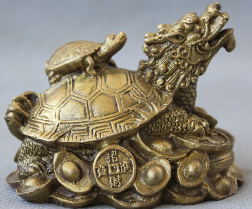 

China Folk Brass Wealth Rich Money YuanBao Animal Dragon Tortoise Turtle Statue S0706