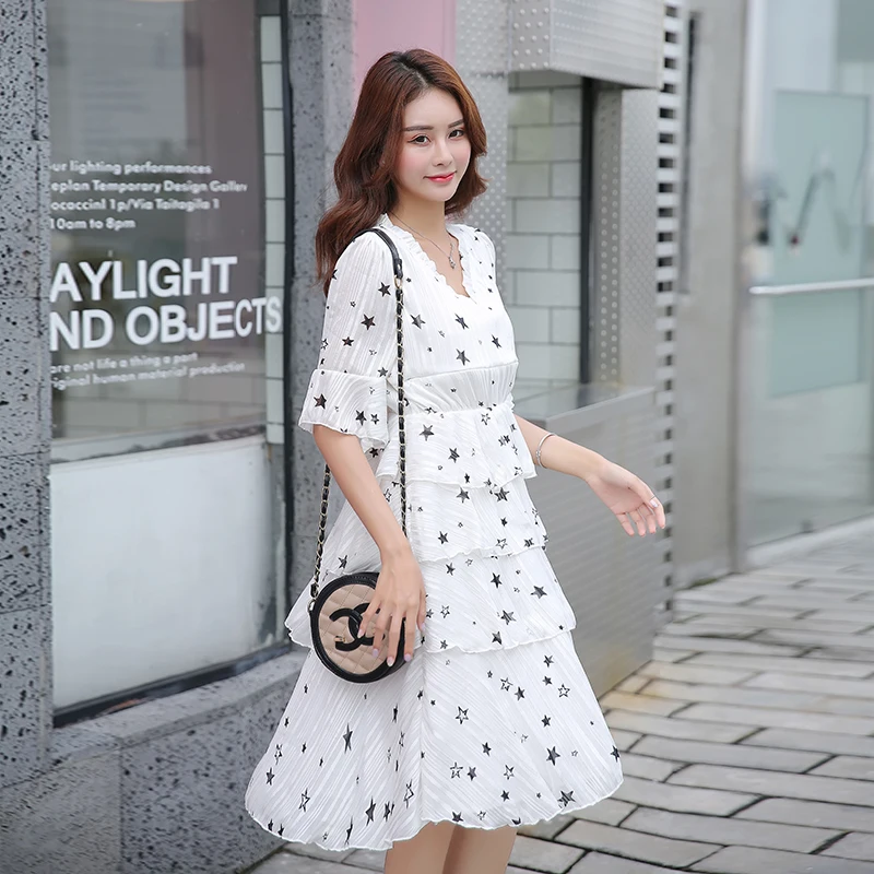 

6130 Sweet Korean Fashion Maternity Nursing Dress Summer Elegant V neck Slim Waist Cake Dress for Pregnant Women White Pregnancy