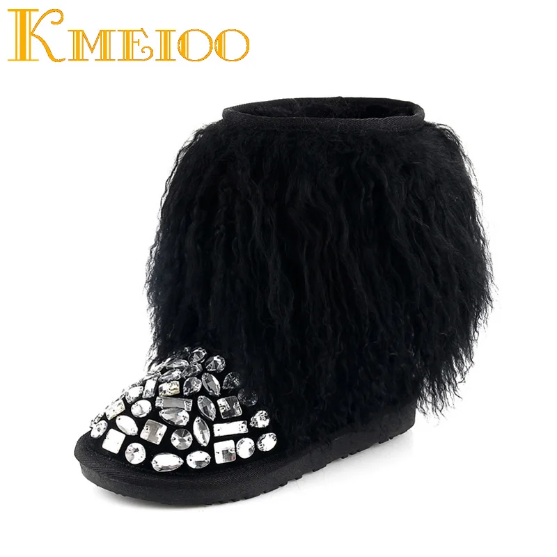 

Kmeioo 2018 Round Toe Flat Fur Boots Women Ankle Boots Hairy Keep Warm Ladies Shoes Crystal Tibet Sheep Fur Boots Black W