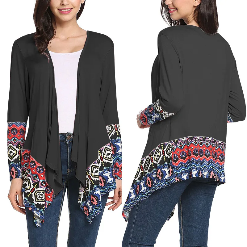 

2018 Winter Autumn Printed Cardigans Women Vintage Printing Sleeve Thin Coat Outwear Ruffled Neck Loose Casual Female Thin Coat