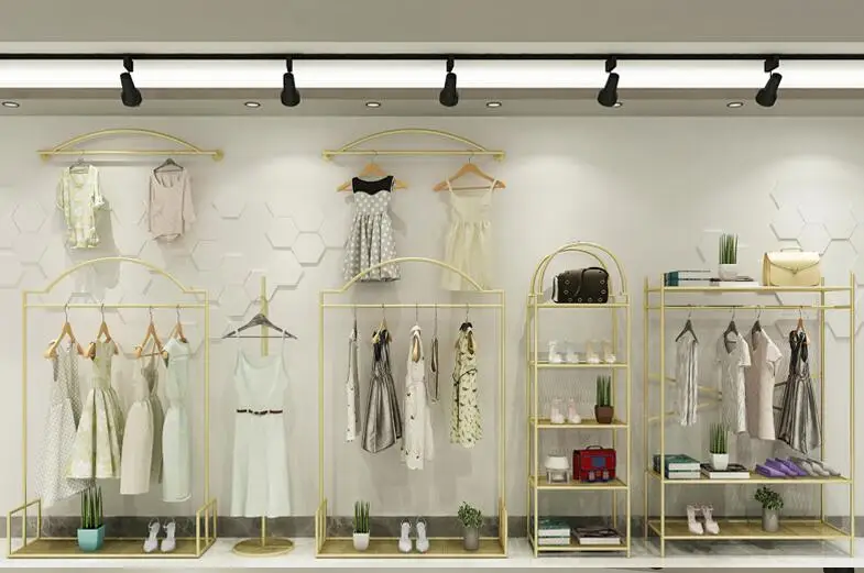 

Shopping rack gold wall landing combination men and women's clothing store rack hanging clothes rack nano-gold clothing rack.
