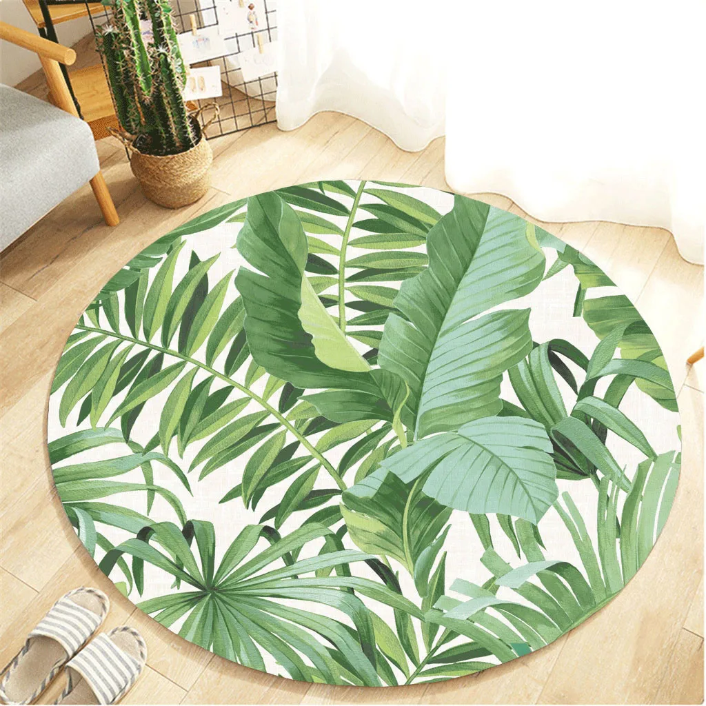

Fluffy Round Rug Carpets for Living Room Decor Tropical Plant leaves Pattern 80cm Round Flannel Bathroom Kitchen Carpet Bedroom