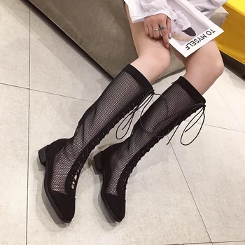 

Women Knee High Boots Black Hollow Low Heels Sandals Boots Round Toe Cross Tied Lace Up Zipper Closed Women Boots Roman Style