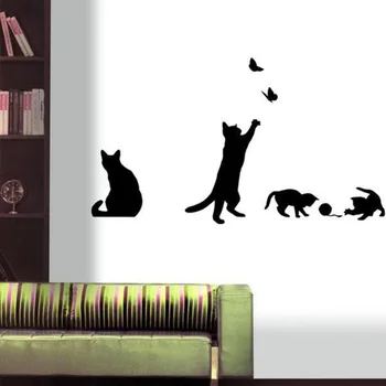 

Cat Play Ball Butterfly Wall Sticker Removable PVC Animal Furniture Wallpaper Cartoon Children Kids Room Decals