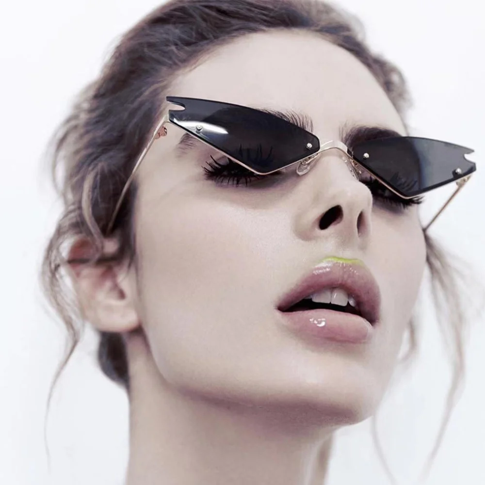 Солнцезащитные очки, конфетный цветной "кошачий глаз", соединенный цвет, модные женские очки без оправы, треугольник, UV400, фирменный дизайн, солнцезащитные очки для женщин