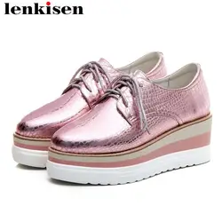 Lenkisen/женская брендовая обувь, увеличивающая рост, из кожи с натуральным лицевым покрытием, на шнуровке, с круглым носком, на танкетке, на