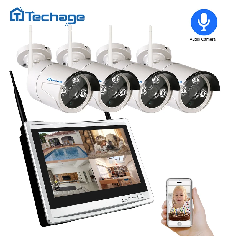 Techage Беспроводная система видеонаблюдения 4CH 1080P 12 &quotlcd NVR 2.0MP наружная Аудио CCTV Wifi