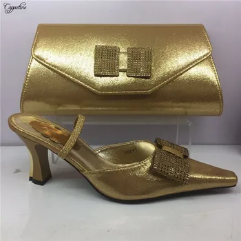 

Hot sale gold African buckle shoes with bag set for party GY22, heel height 5cm