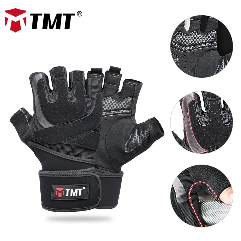 TMT перчатки для спортзала противоскользящие с напульсником спортивные перчатки для тяжелой атлетики Бодибилдинг Deadlift тренировка фитнес защита тренировки - Цвет: Black