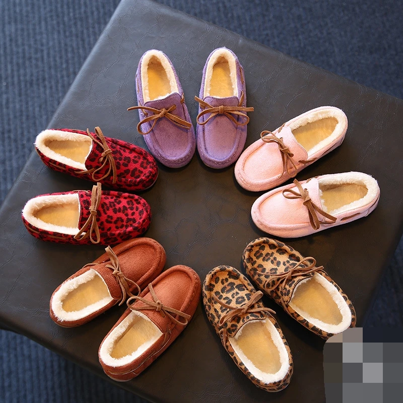 

2016 New children's plush cotton shoes winter boys and girls leopard bow thickened slip-on shoes
