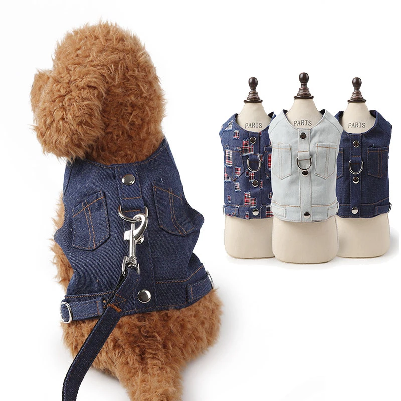 cat jeans jacket harness vest with matching lead leash set