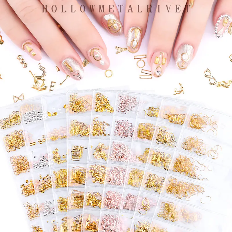 

High Quality Nail Art 3D Nail Art Decor 6 Grids Metal Star Moon Geometric Alloy Decals Glitter Nail Art Decoration