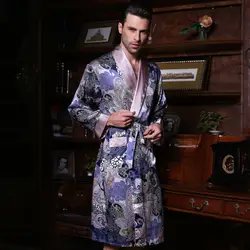 Натуральный шелк спальный халат Мужской Весна Лето длинный рукав модный халат с принтом кимоно шелкопряда шелковая мужская одежда для сна