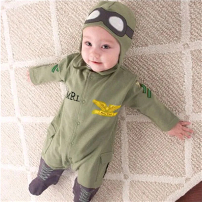 

Newborn Baby Clothes Fashion Baby Boy Army Green Letter Print Long Sleeve Single Breasted Romper Hat Cap Rompers Cotton 2PCS Set