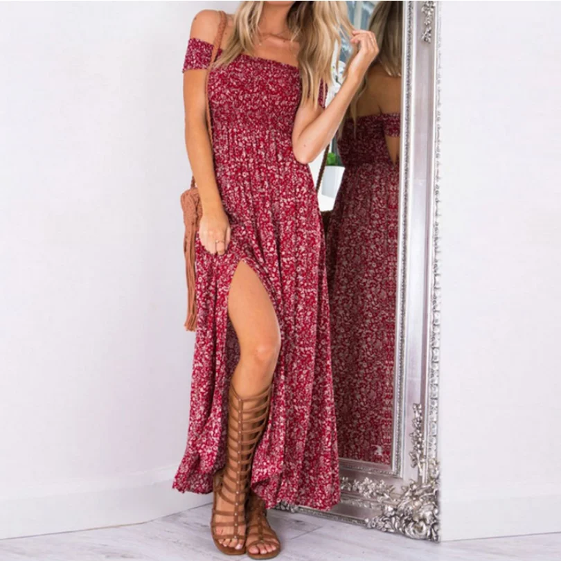 

Summer 2019 New Women Boho Maxi Dress Short Sleeve Vintage Red Dress Casual Loose Women Streetwear Elegant Ladies Long Dresses