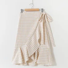 Летняя женская клетчатая цельная юбка рыбий хвост Новая мода Высокая талия неравномерная кружевная юбка корейские женские юбки джокер