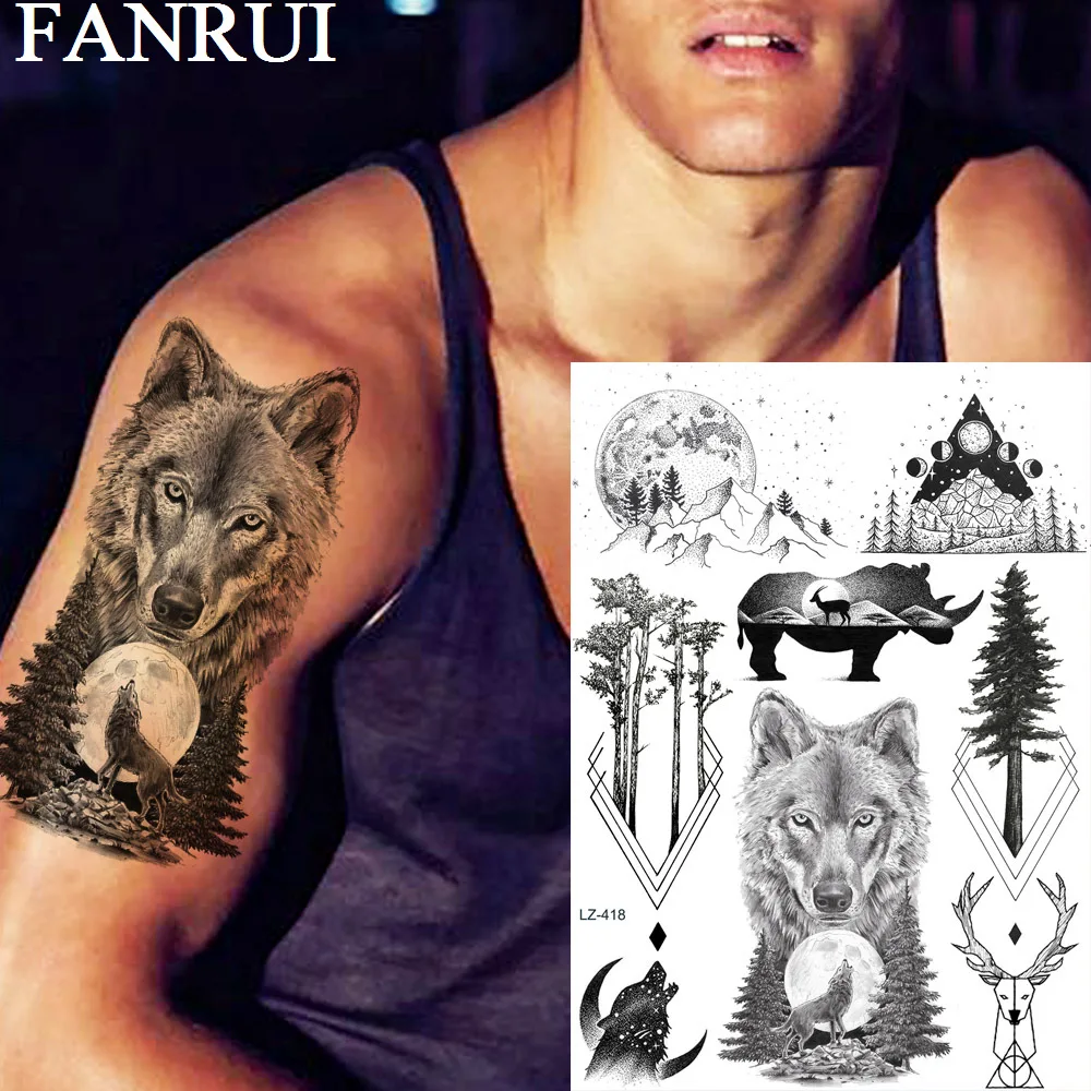 FANRUI Wolf Moon Forest Geomemtric Временные татуировки для мужчин наклейка черные фальшивые