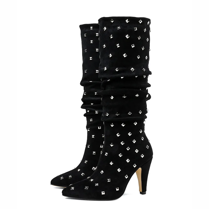 Clavos Mujeres Metálicos Zapatos Del Tacones Femeninos Pantorrilla Gamuza Gladiador Media Punta Pic Botas Remaches Señoras As Negro Estrecha Resorte ZnYqAppv