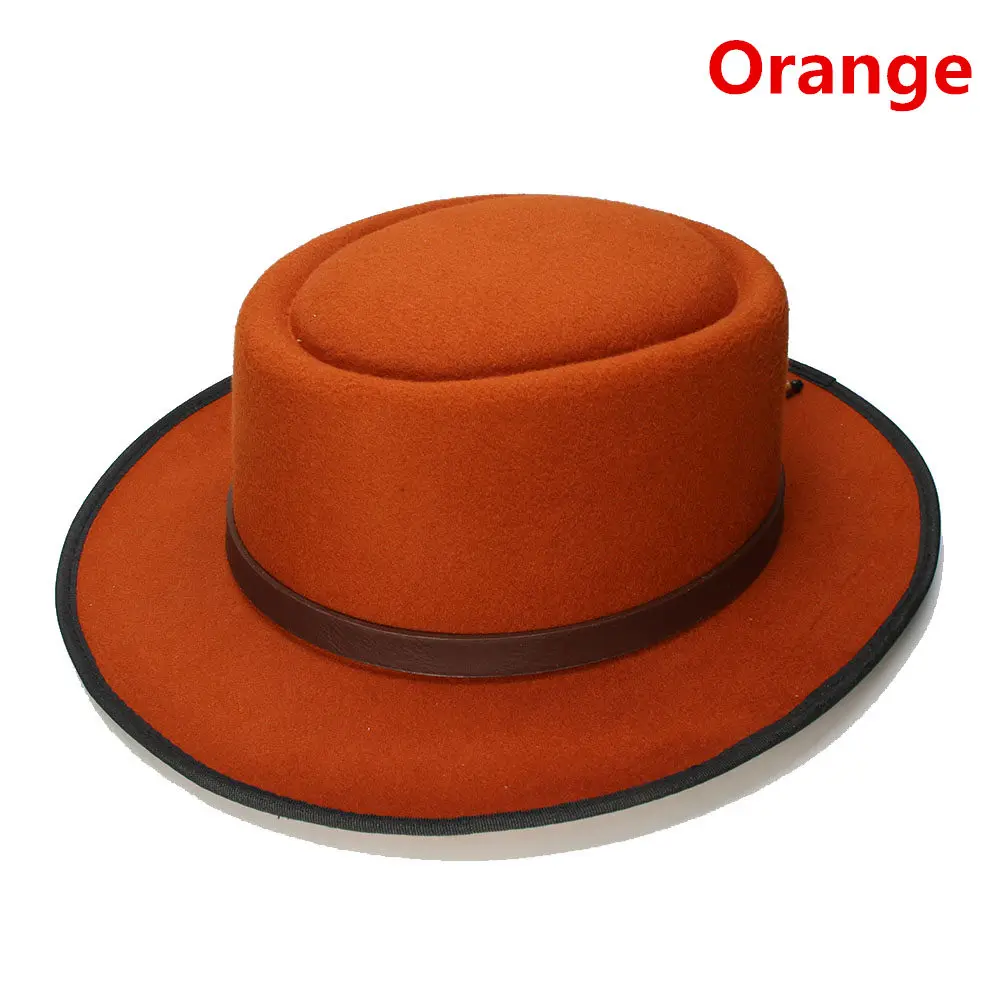 LUCKYLIANJI, большой размер 60 см/US7, 1/2, шерсть, Ретро стиль, унисекс, с широкими полями, круглый верх, кепка, фетровая шляпа, порка, свиная пирог, котелок, кожаный ремешок - Цвет: Оранжевый