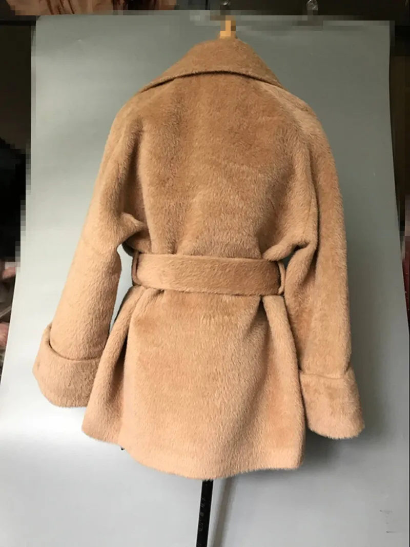 Высококачественное роскошное пальто из альпаки кашемировая шерстяная куртка с поясом необычный дизайн шикарное розовое/верблюжье толстое теплое пальто