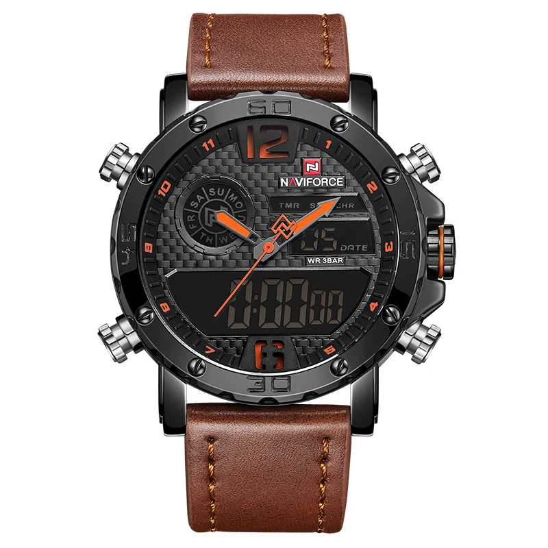 

Men Watches Top Luxury Brand NAVIFORCE Men Leather Sports Watch Men Quartz LED Digital Clock Waterproof Military Wrist Watch