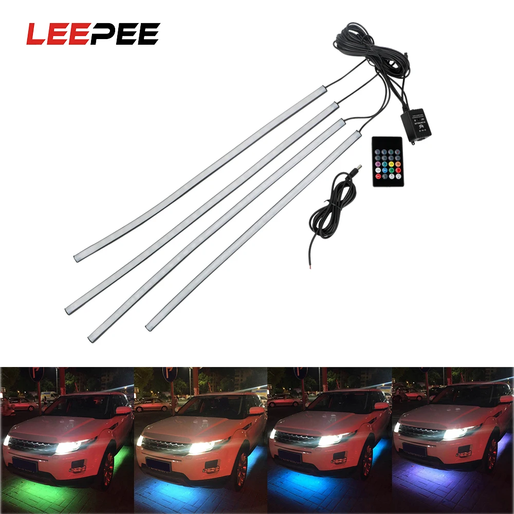 

LEEPEE 4x8 Auto LED Strip Neon LED Car Bottom Lights Underglow Underbody Music Active Sound System Neon Light Car Kit