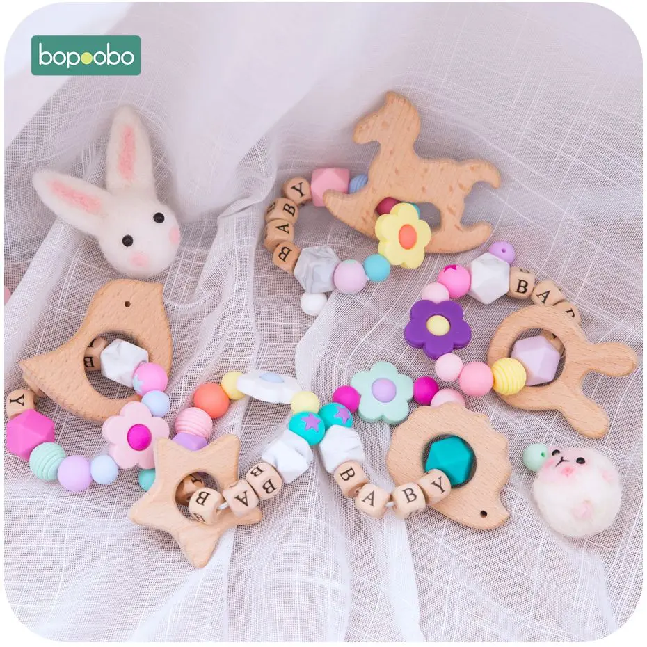 

Bopoobo 1pc Beech Animal Teether Bracelet Personalized Customized Baby Name Silicone Flower Wooden Rattle Cute Rabbit Toys Ring