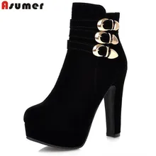 ASUMER/Новое поступление; женские ботинки; сезон осень-зима; Модные ботильоны из флока на молнии с пряжкой; цвет черный, красный; очень высокие ботинки; большие размеры 33-43