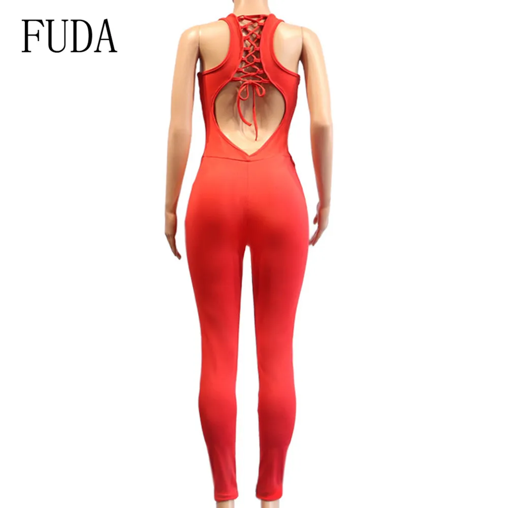 FUDA Red Burnt Flower Openwork Backless Sleeveless Summer Jumpsuits Women Bodycon Bandage Hole Playsuits Combinaison Short Femme FUDA Red Burnt Flower Openwork Backless Sleeveless Summer Jumpsuits Women Bodycon Bandage Hole Playsuits Combinaison Short Femme
