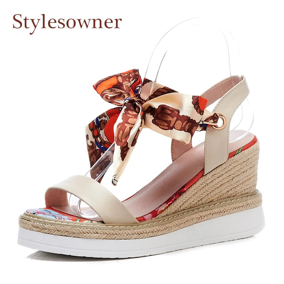 Stylesowner silk bowtie bandage ankle strap boho style sandals straw wedge heel increased