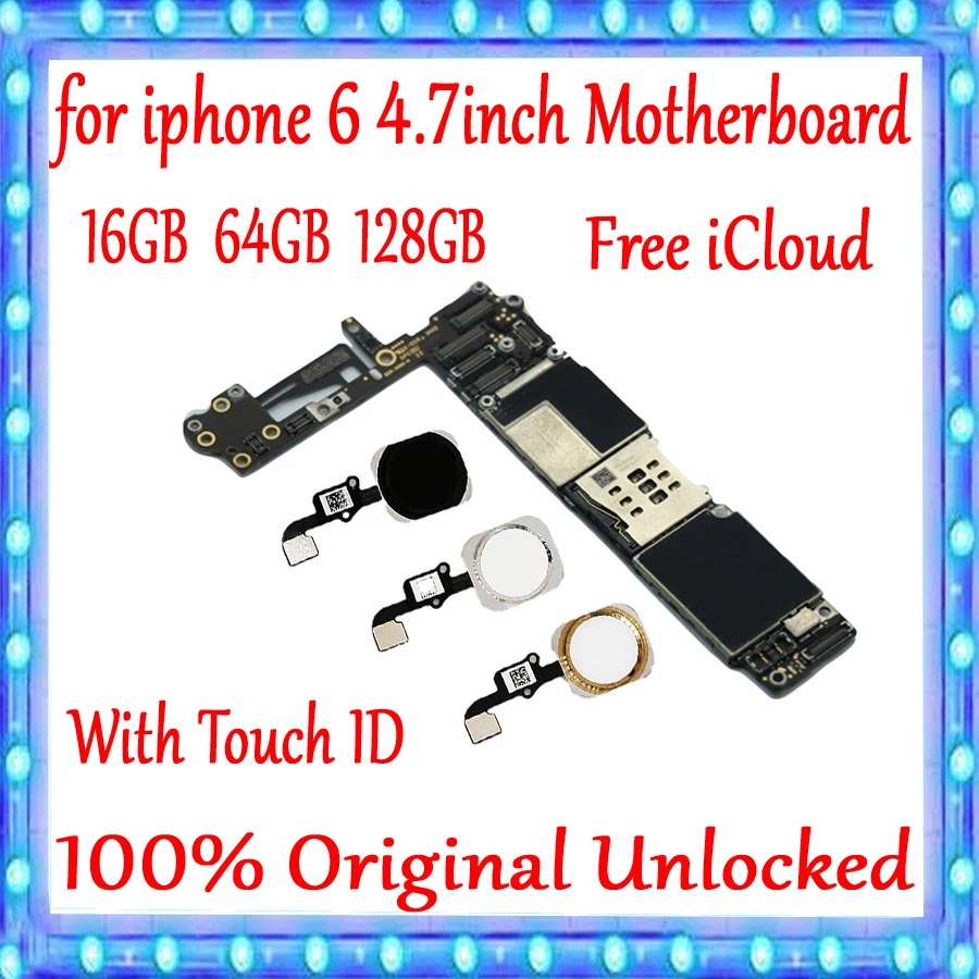 

100% Original unlocked for iPhone 6 4.7inch Motherboard With Touch ID/Without Touch ID for iphone 6 Logic board 16gb 64gb 128g
