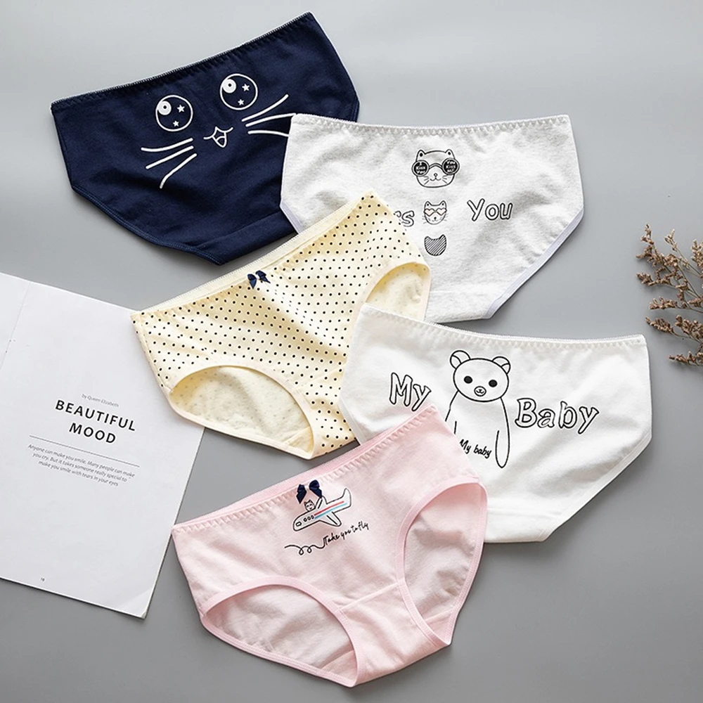 

Women's Mid-rise Breathable Cotton Briefs Japanese Harajuku Wind Girl Cartoon Kitten Bear Pattern Cute Kawaii underwear Panties