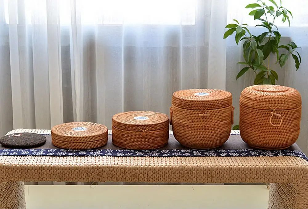  Handmade Rattan Woven Pu-erh Tea Cake Storage Box Canister Kitchen Container Medium - 32798201886