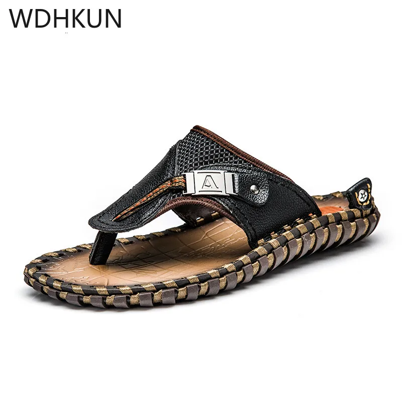 

WDHKUN Brand Men's Casual Shoes Genuine Leather Sandals Men Flip Flops Breather Slippers Plus Size Summer Sapato Masculino