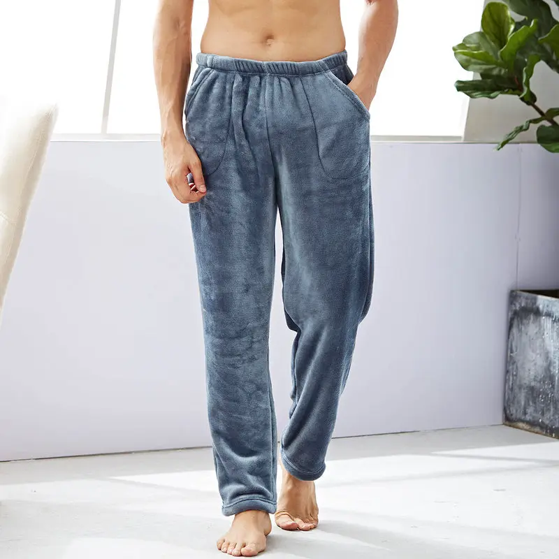 Новые зимние фланелевые мужские пижамы с принтом, полосатые Уплотнённый тёплый мужской Пижамный брюки, свободные однотонные простые