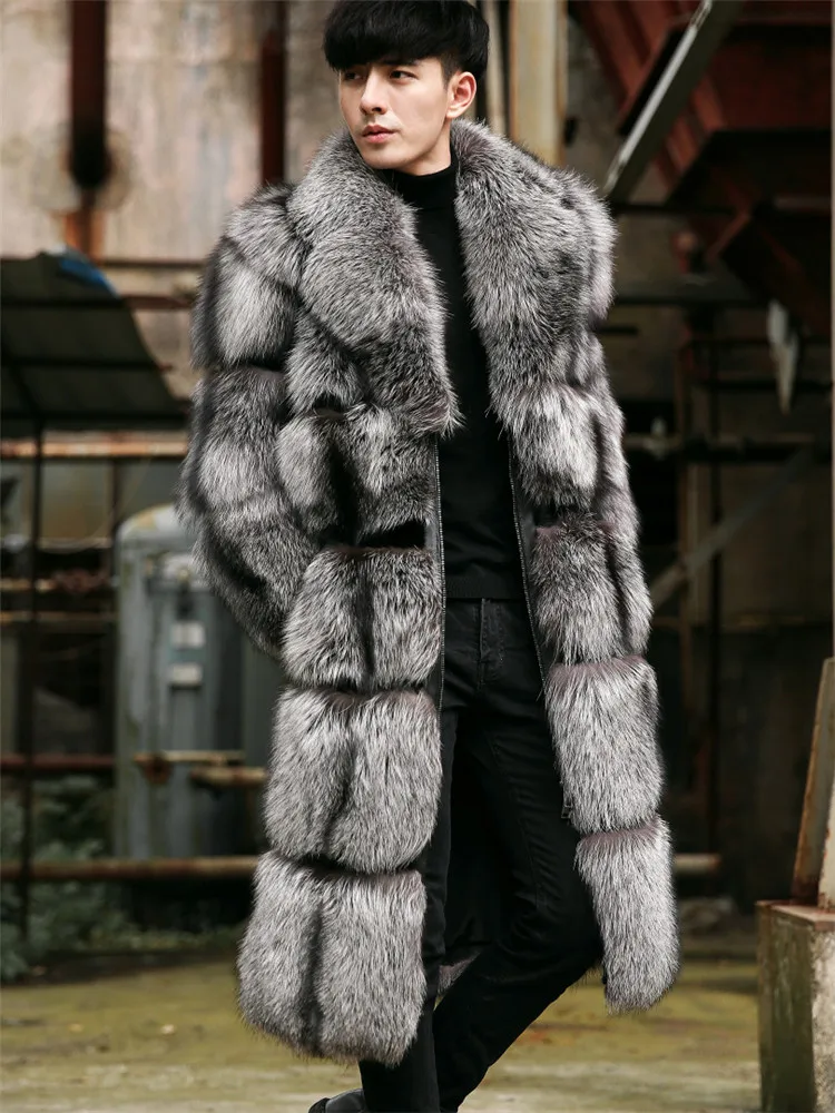

2019 new fox fur coat winter warm fashion men's fur coat silver fox color men's long coat