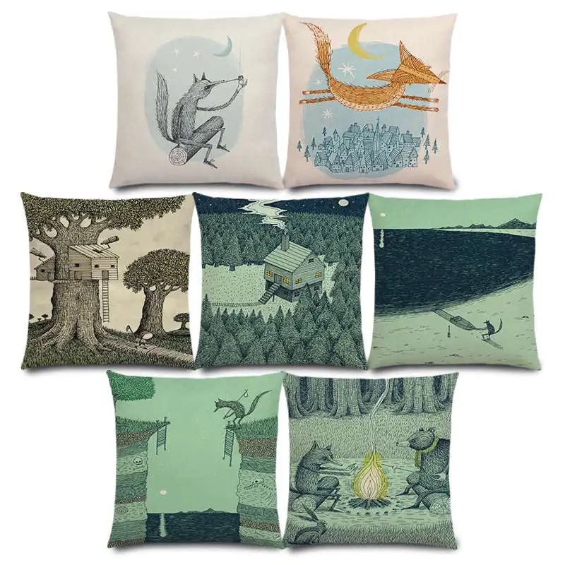 

New Sketch Fairy Tales Fantasy Forest Hut Tree House Little Girl Boy Magical Animals Fable World Cushion Cover Pillow Case