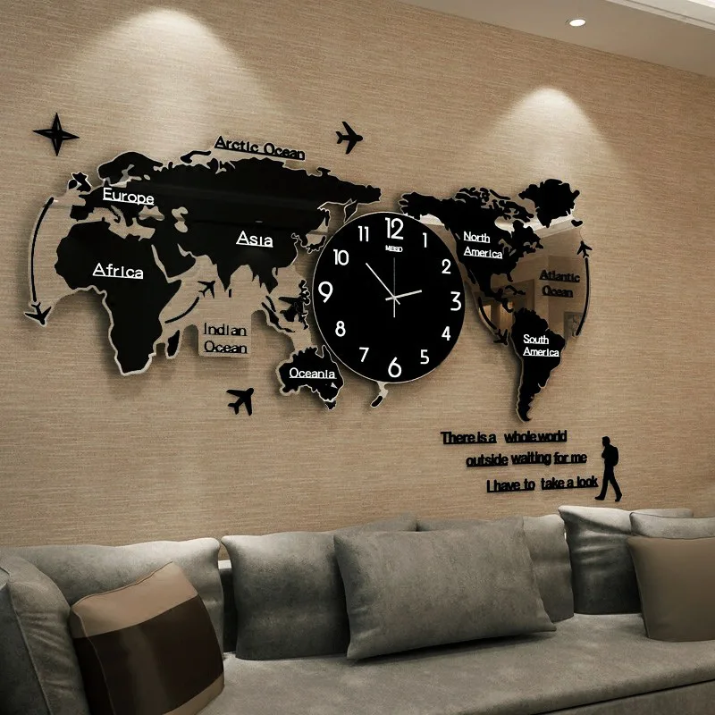 

World Map Wall Clock Large Modern Design 3D Stickers Hanging Clock Glowing In Dark Decorative Watch Home Silent Wall Clocks