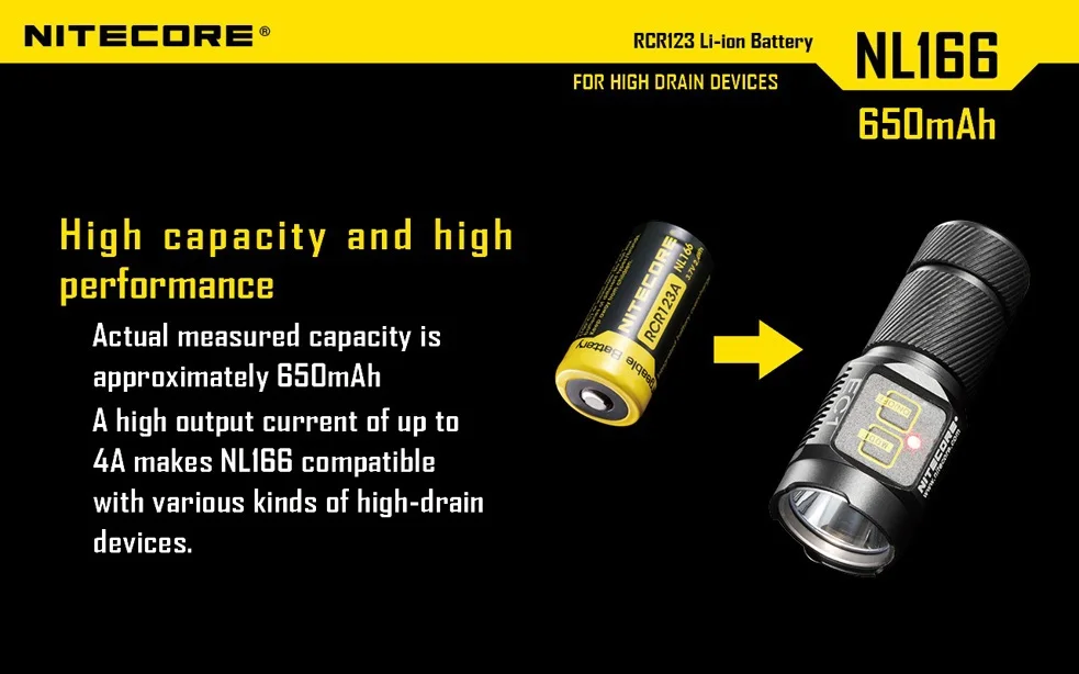 2 шт./лот Nitecore NL166 16340 RCR123A 3,7 V 2.4Wh 650 мА/ч, литий Перезаряжаемые Батарея