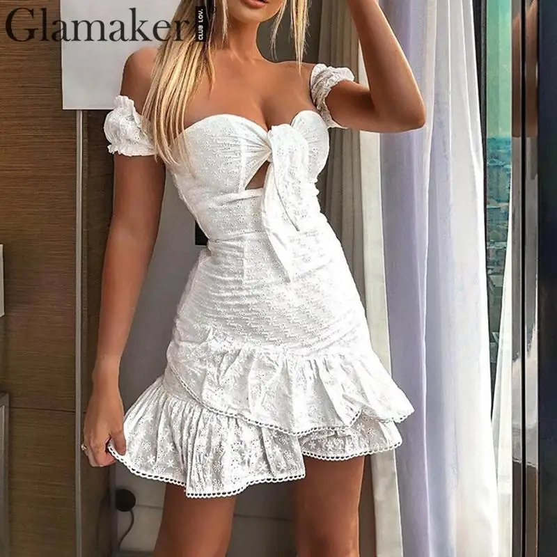 Glamaker White embroidery women dress Off shoulder irregular ruffles holiday dress Elegant party club vintage autumn dresses