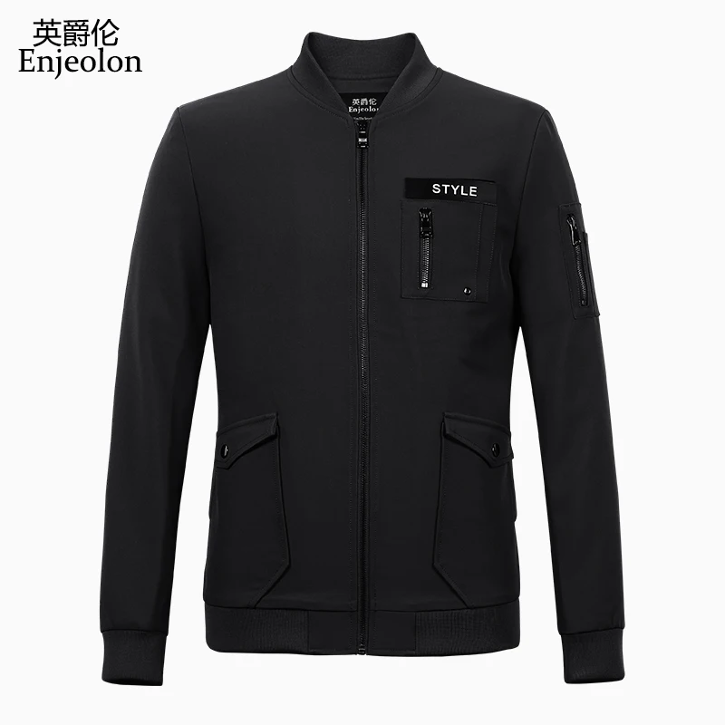Enjeolon, брендовые Осенние повседневные куртки-бомберы, пальто для мужчин, черные однотонные мужские пальто, куртка со стоячим воротником, мужские пальто JK0457 - Цвет: Black
